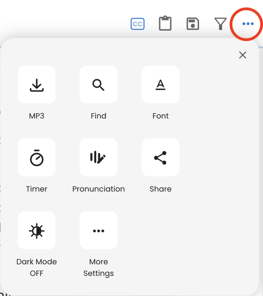 The More button circled in the top right, opening a menu with MP3, Find, Font, Timer, Pronunciation, Share, Dark Mode and More Settings.