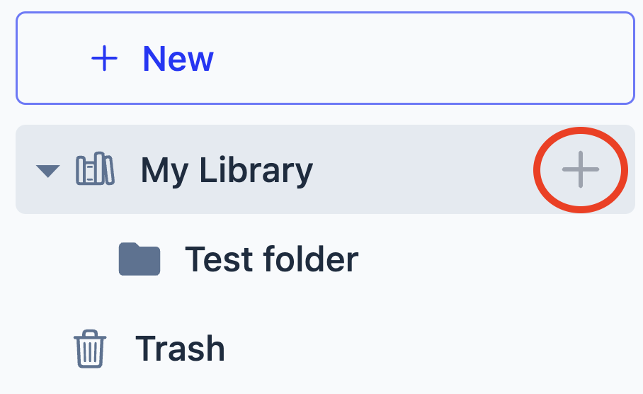 My Library in Speechify with the plus button circled, above a test folder and Trash.