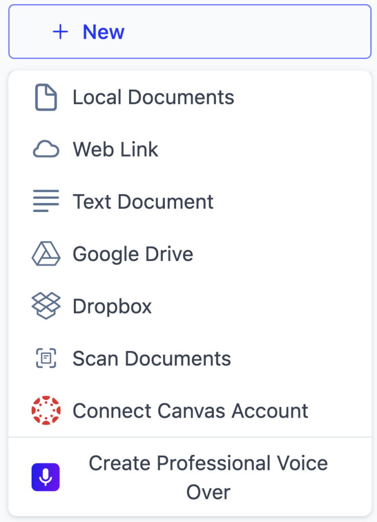 The Speechify New menu with Local Documents, Web Link, Text Document, Google Drive, Dropbox, Scan Documents, Connect Canvas Account and Create Professional Voice Over.