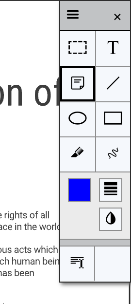 The Annotations toolbar with tools for selection, text, sticky notes, lines, ellipses, rectangles, highlighting, freehand drawing, colour, line thickness and opacity.
