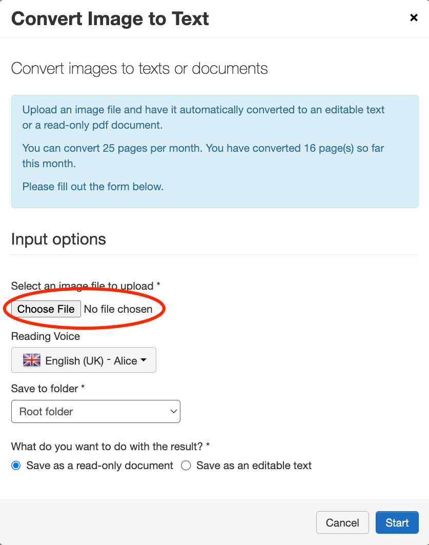 The Convert Image to Text window with the Choose File button circled. Other options include reading voice, save-to folder, and saving as a read-only document or editable text.