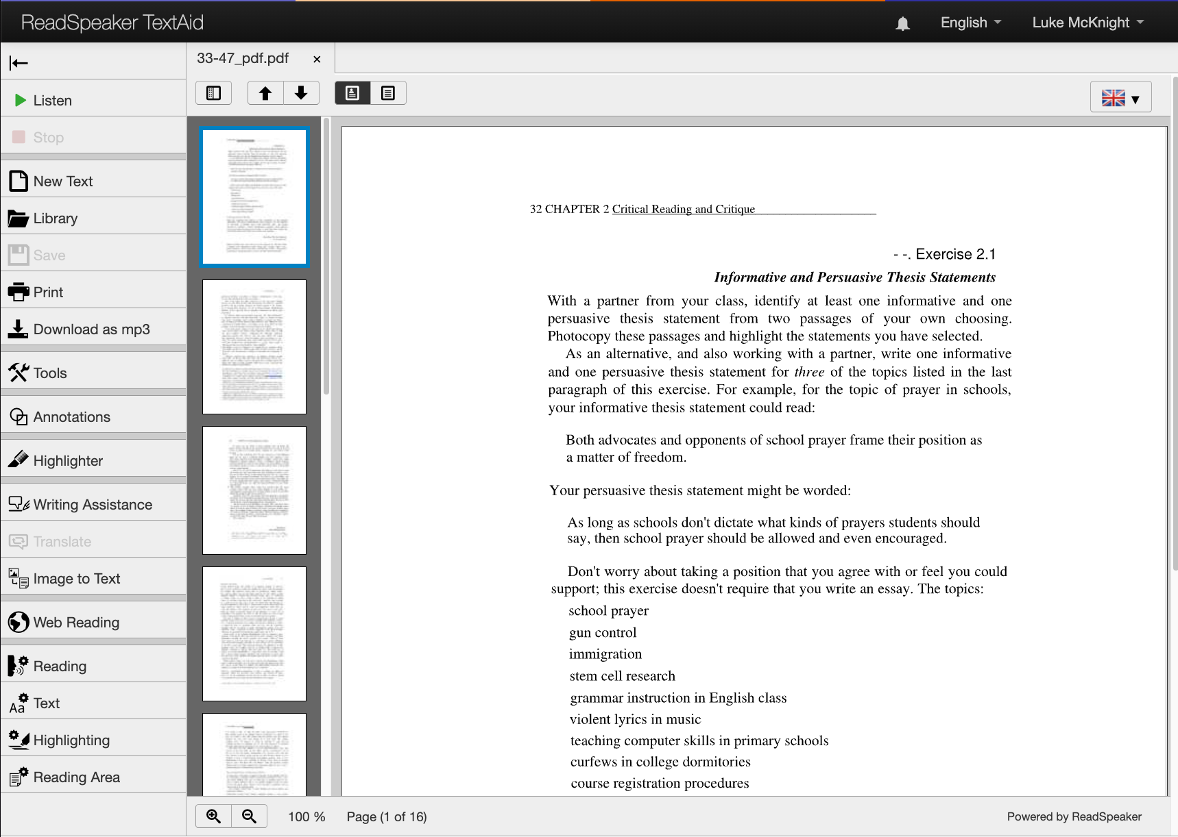 The converted document open in TextAid, with page thumbnails on the left and the scanned page on the right.