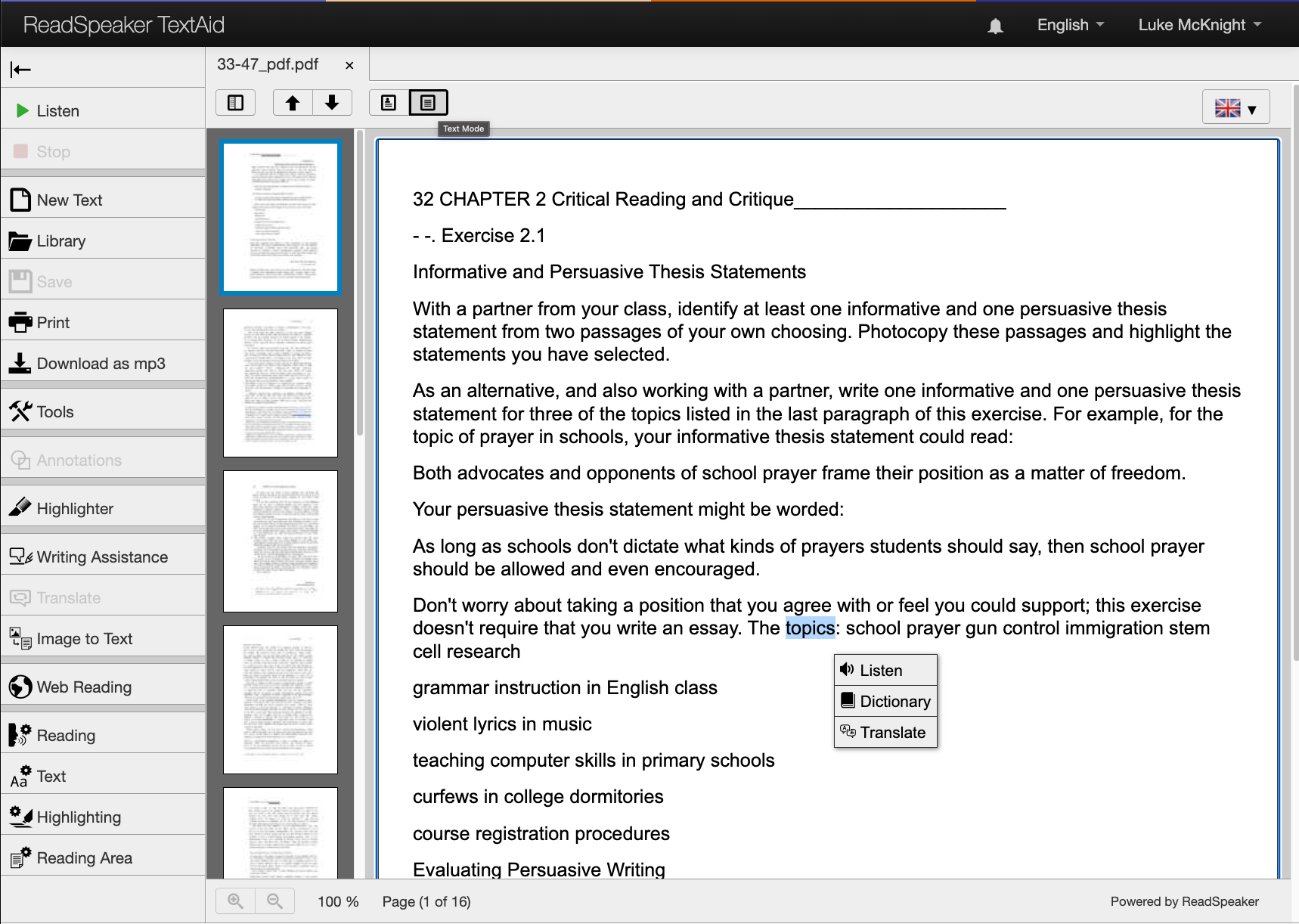 The converted document in Text Mode as plain text, with a selected word and a pop-up menu offering Listen, Dictionary and Translate.