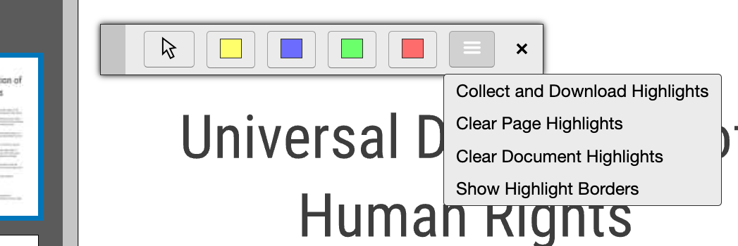 The Highlighter menu with Collect and Download Highlights, Clear Page Highlights, Clear Document Highlights and Show Highlight Borders.