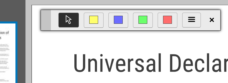 The Highlighter toolbar with a pointer button, yellow, blue, green and red highlighters, a menu button and a close button.