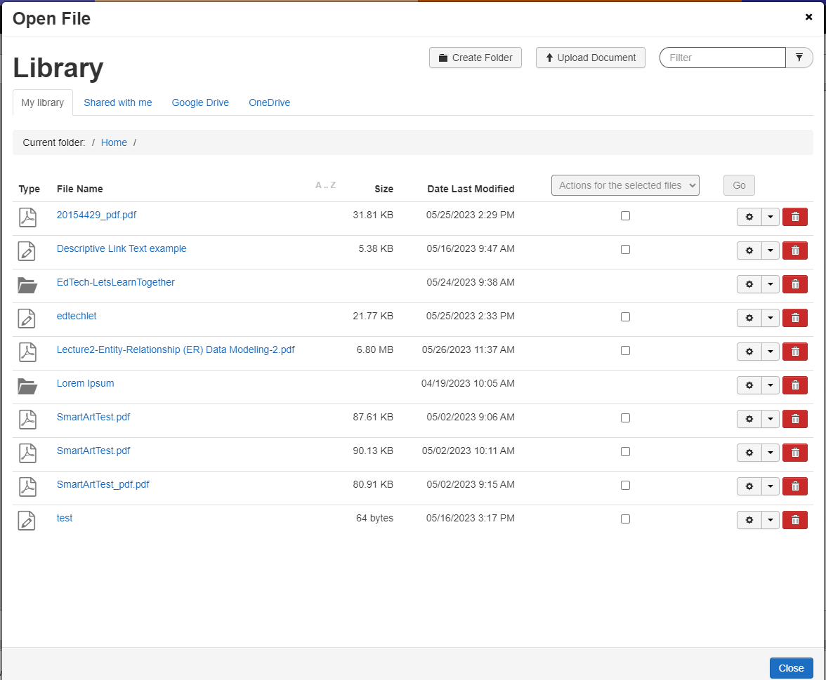The TextAid Library window listing saved files and folders, with Create Folder and Upload Document buttons at the top.