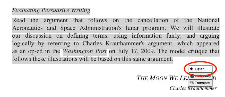 A selected passage in a document with a pop-up menu offering Listen, Dictionary and Translate. Listen is circled.