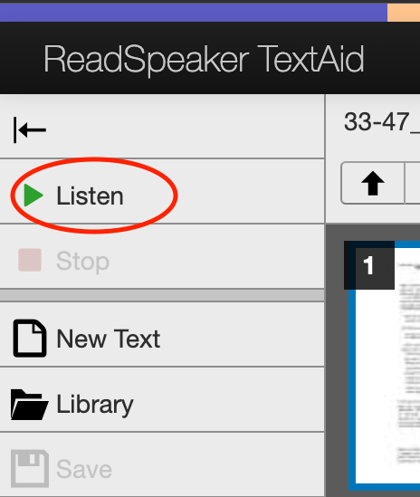 The TextAid sidebar with Listen circled.
