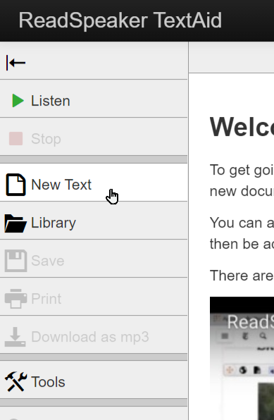 The TextAid sidebar with the pointer on New Text.