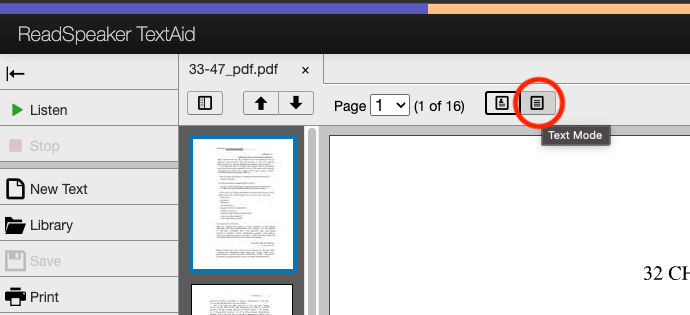 The document toolbar in TextAid with the Text Mode button circled.