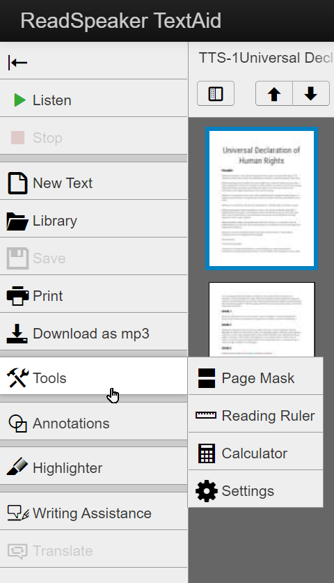 The TextAid sidebar with Tools open, showing Page Mask, Reading Ruler, Calculator and Settings.