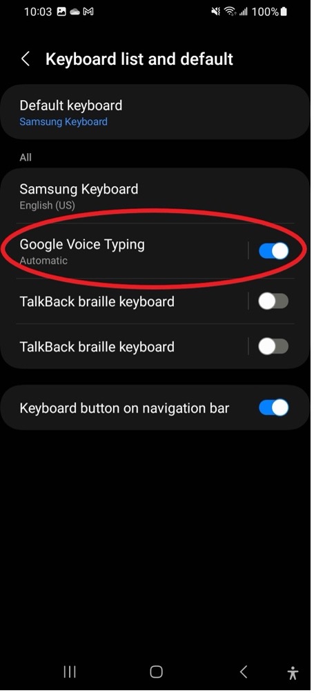 Keyboard list and default settings with Google Voice Typing switched on and circled.