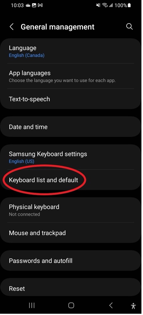 Android General management settings with Keyboard list and default circled.
