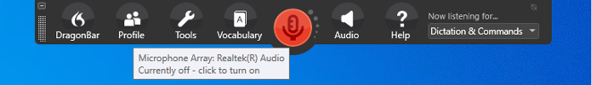 The DragonBar with a red microphone button and the tooltip Currently off – click to turn on.