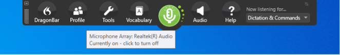 The DragonBar with a green microphone button and the tooltip Currently on – click to turn off.