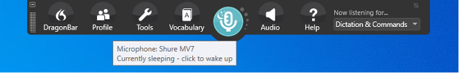 The DragonBar with a blue sleeping microphone button and the tooltip Currently sleeping – click to wake up.