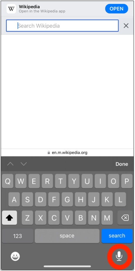 The iOS keyboard with the microphone button circled in the bottom right.
