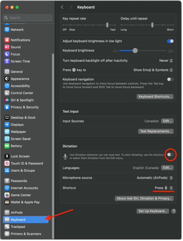 macOS System Settings with an arrow pointing to Keyboard in the sidebar and the Dictation switch circled. The Shortcut setting is underlined.