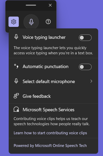 Voice Typing settings with Voice typing launcher and Automatic punctuation switches, Select default microphone, Give feedback and Microsoft Speech Services.