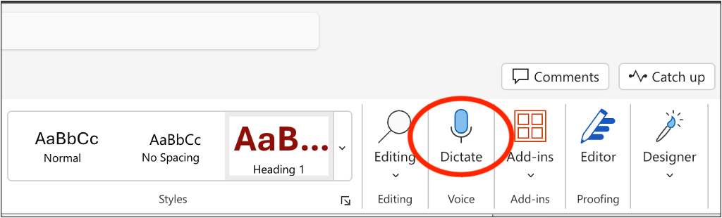 The Word Home ribbon with the Dictate button circled.