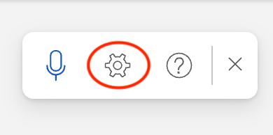 The Dictate toolbar with the settings (gear) button circled.