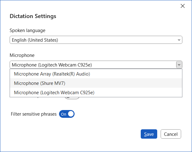 Dictation Settings with the Microphone menu open, listing three microphones.