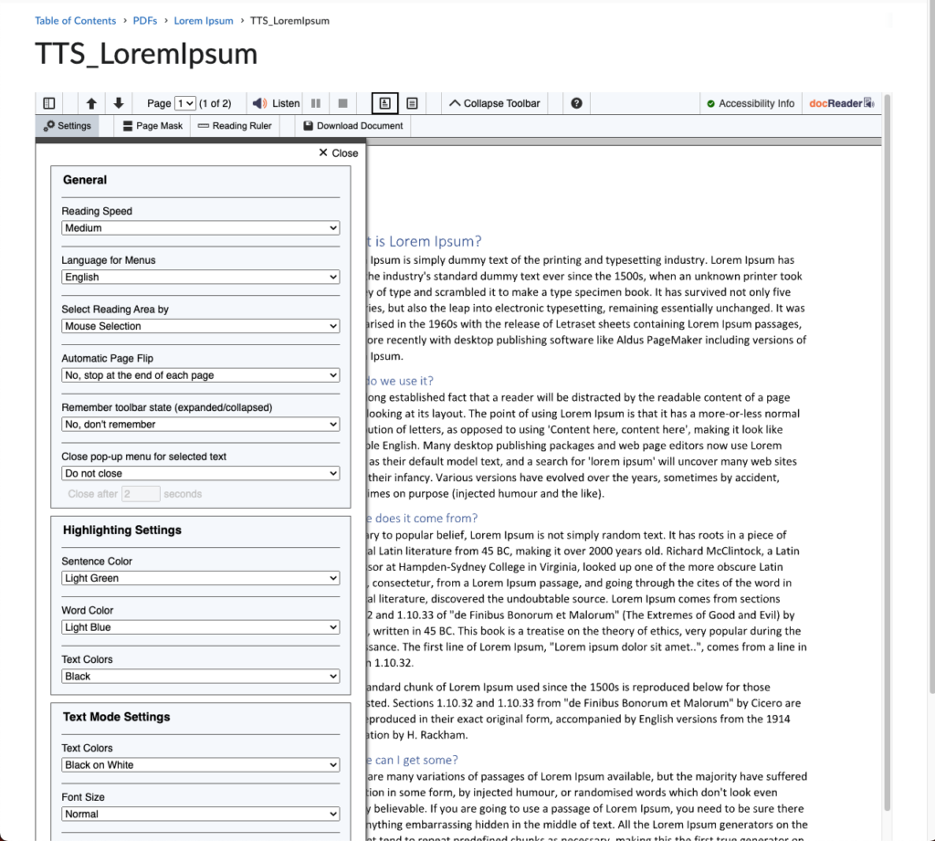 The docReader Settings panel with General settings (reading speed, menu language, reading area, page flip, toolbar state, pop-up menu), Highlighting Settings (sentence, word and text colours) and Text Mode Settings (text colours and font size).