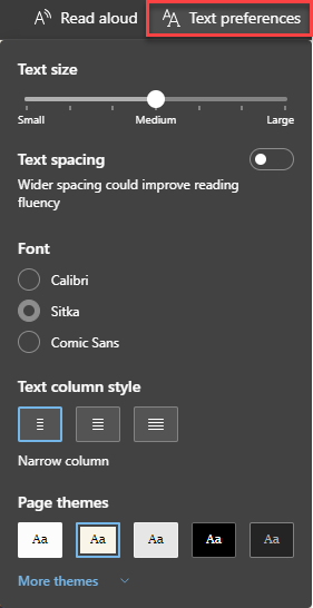 Immersive Reader text preferences: text size, text spacing, font, text column style and page themes.