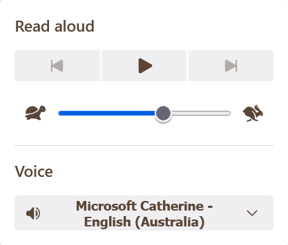 Reader View read aloud controls with previous, play and next buttons, a speed slider and a voice menu.