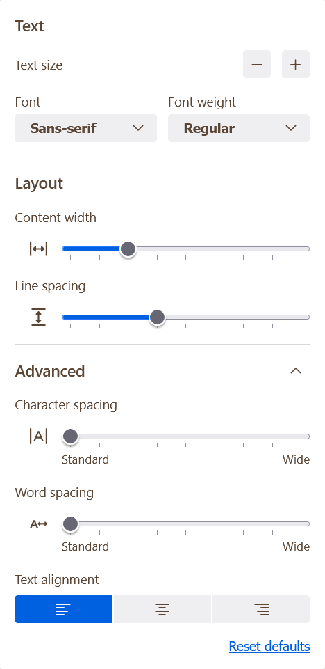 Reader View text and layout settings: text size, font, font weight, content width, line spacing, and advanced options for character spacing, word spacing and text alignment.