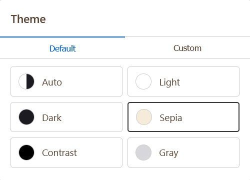 Reader View theme settings with Default and Custom tabs. The Default tab offers Auto, Light, Dark, Sepia, Contrast and Gray.