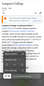 Safari listening controls with More Controls, Speaking rate, skip and pause buttons, and End Listening.