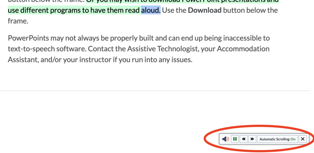 Text being read aloud with the current sentence highlighted in green and the current word in blue. A small player toolbar is circled at the bottom right of the window.