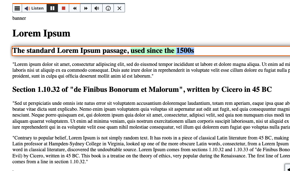 A heading on a web page outlined in red while it is read aloud, with part of the sentence highlighted in green and the current word in blue.