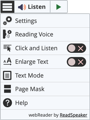 The webReader menu with Settings, Reading Voice, Click and Listen, Enlarge Text, Text Mode, Page Mask and Help.