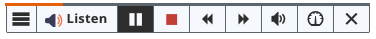 The expanded ReadSpeaker player with menu, Listen, pause, stop, rewind, fast forward, volume, speed and close buttons.
