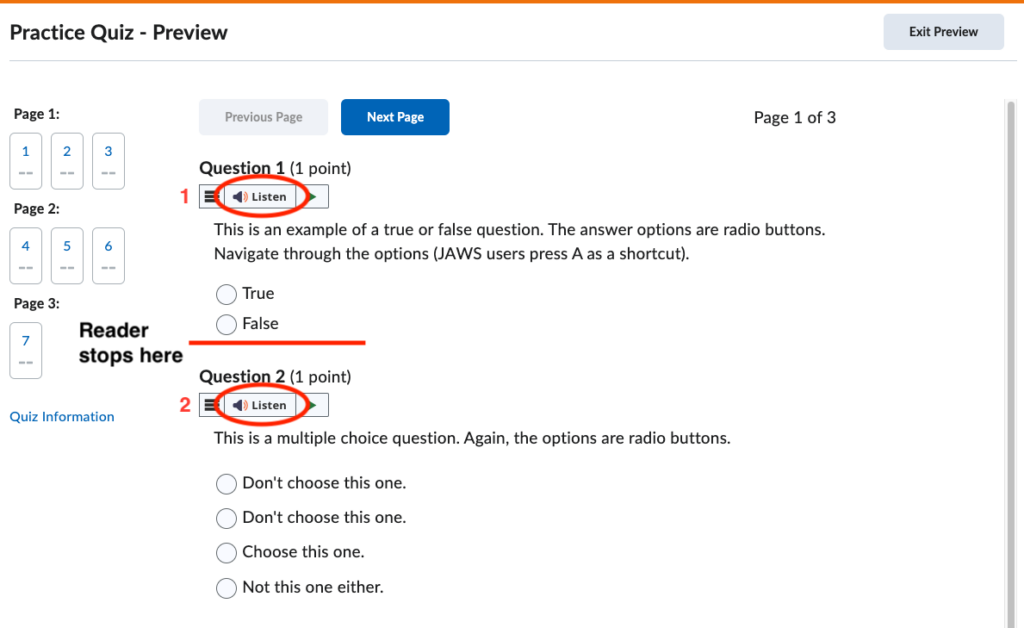 A Brightspace practice quiz with a Listen button circled above each question. A red line after the first question's answer options is labelled Reader stops here.