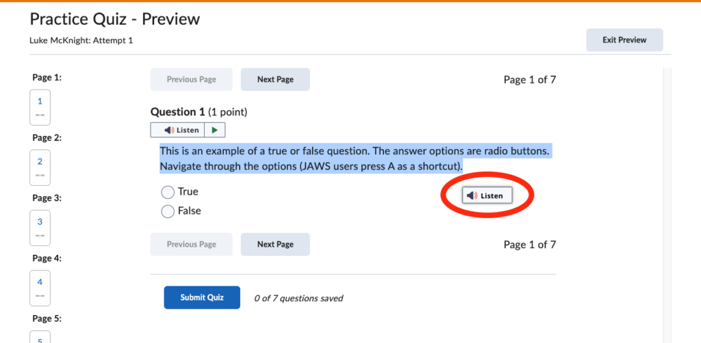 Selected quiz text with a Listen button circled beside it.