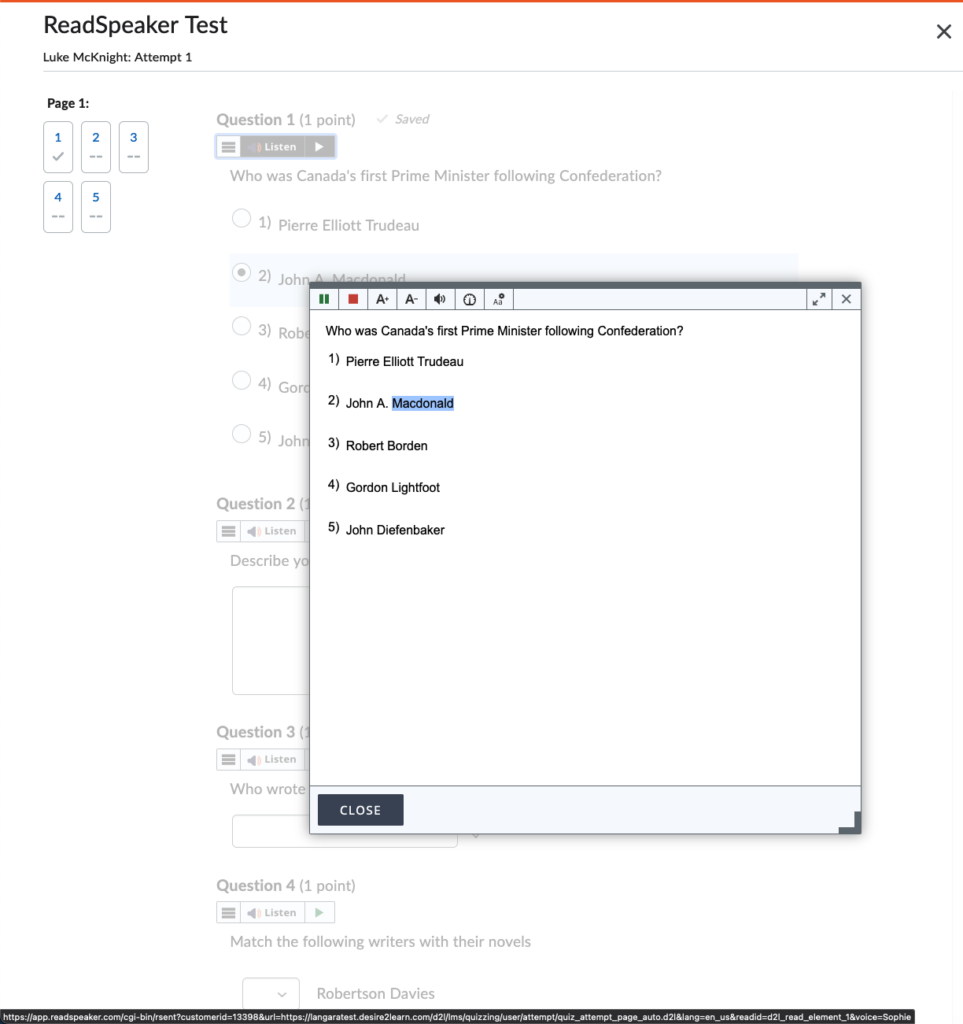 A Text Mode window over the dimmed quiz page, showing the question and answer options as plain text with the word being read highlighted, and a Close button.