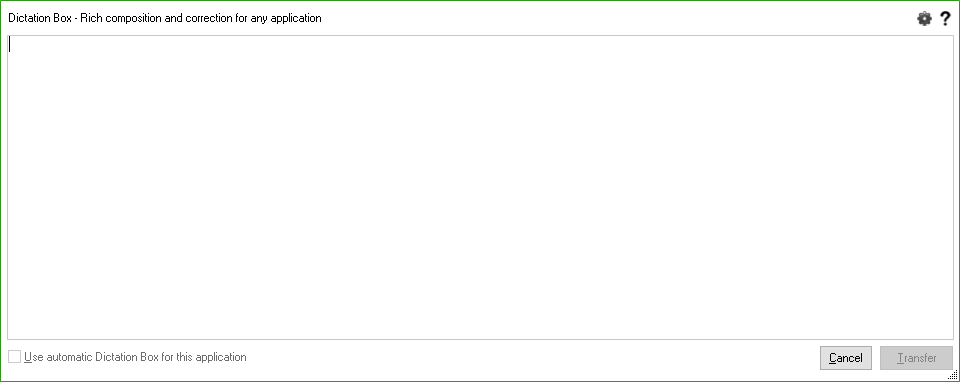 An empty Dictation Box window with Cancel and Transfer buttons.
