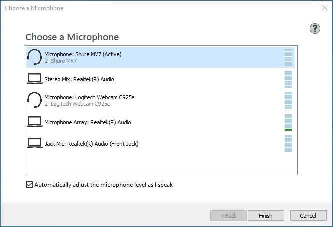 The Choose a Microphone dialog listing five audio sources, with the active microphone selected.