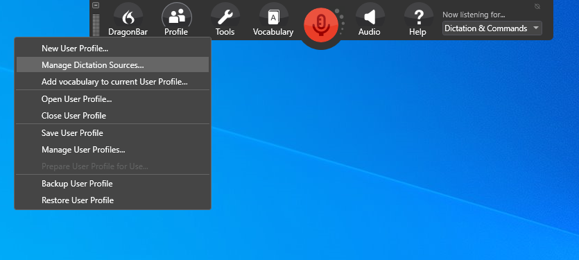 The DragonBar Profile menu with Manage Dictation Sources highlighted.