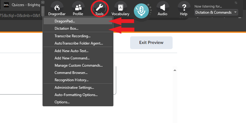 The DragonBar Tools menu with arrows pointing to DragonPad and Dictation Box.