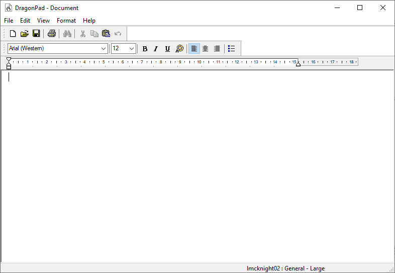 An empty DragonPad document window with File, Edit, View, Format and Help menus and a formatting toolbar.