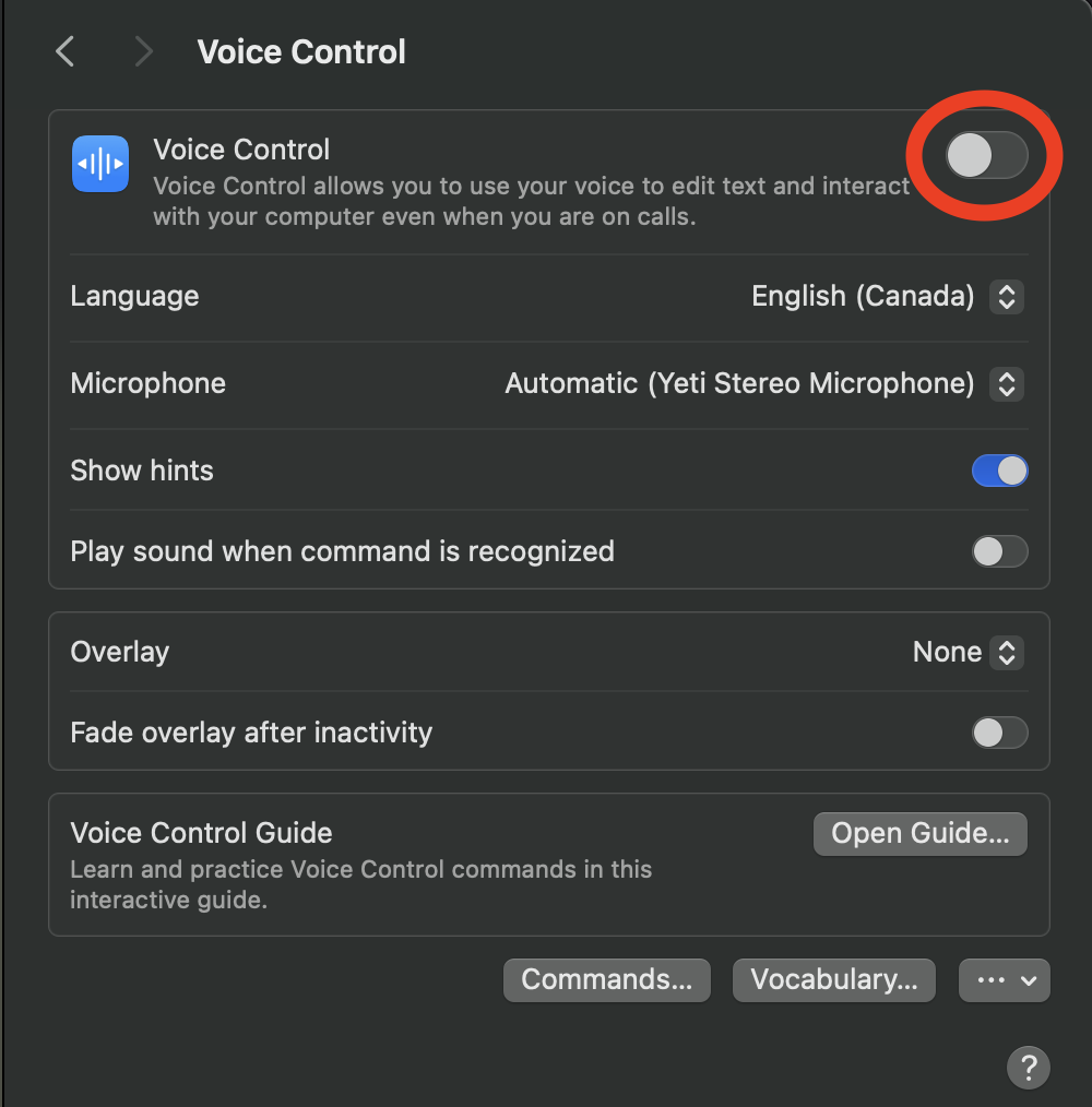macOS Voice Control settings with the Voice Control switch circled. Other settings include language, microphone, hints and overlay, plus Open Guide, Commands and Vocabulary buttons.